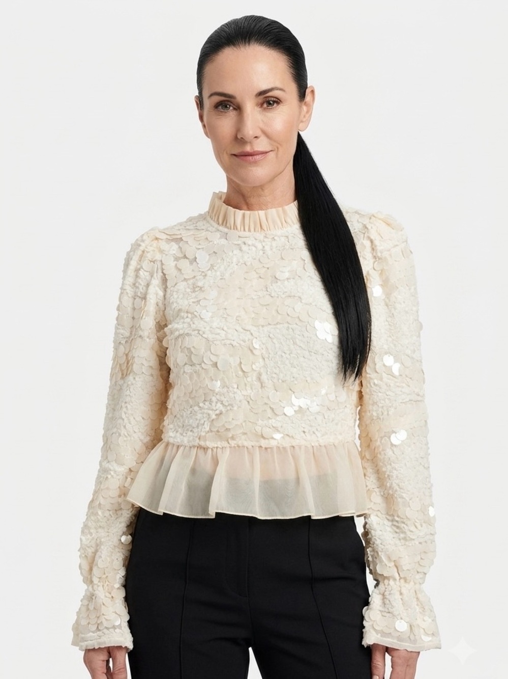 ZARA | NWT SEQUIN RUFFLE SHEER PEPLUM TOP - Picture 1 of 8